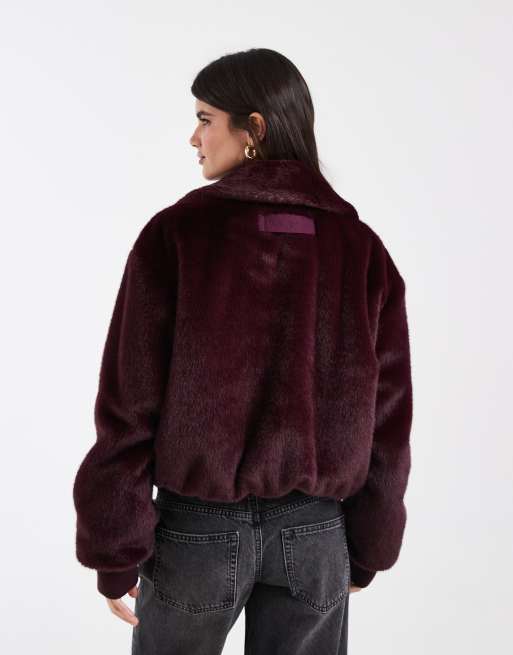 Tommy Jeans flag logo faux fur jacket in burgundy, 4 of 4