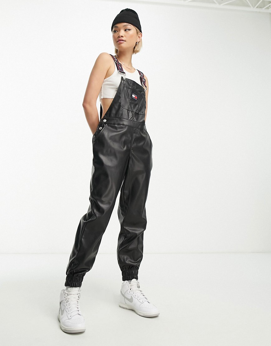 Tommy Jeans flag logo faux leather overalls in black