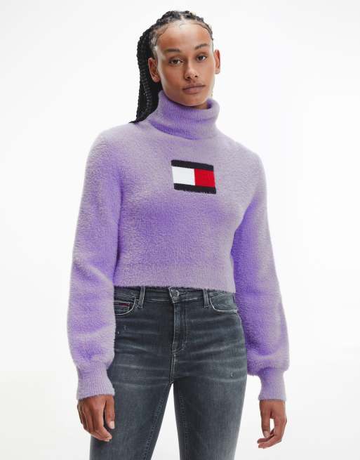 Tommy Jeans flag logo fluffy cropped jumper in lilac ASOS