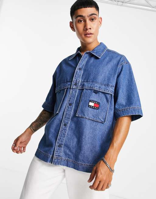 Tommy Jeans flag logo half sleeve worker denim overshirt in indigo blue