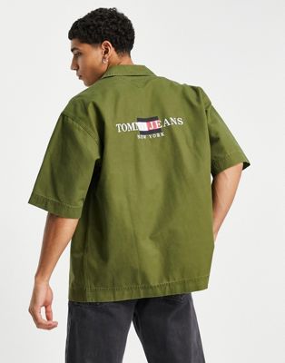 Tommy Jeans flag logo half sleeve worker overshirt in olive green