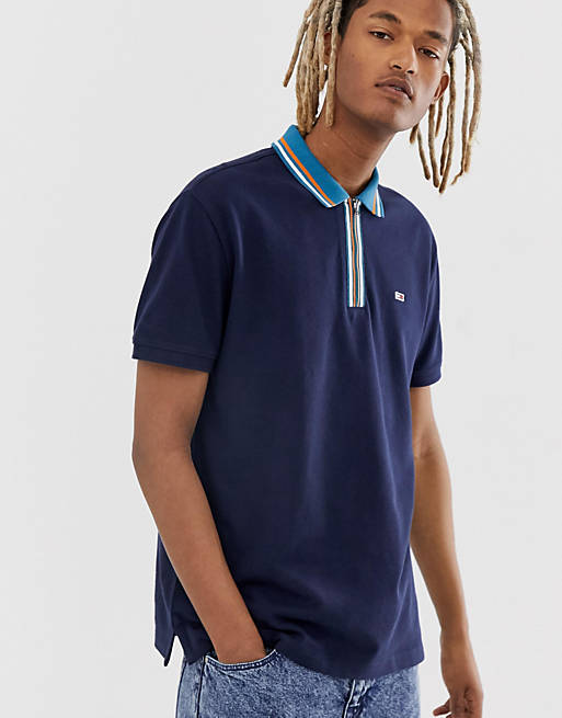Tommy Jeans flag logo half-zip polo with contrast collar in navy | ASOS