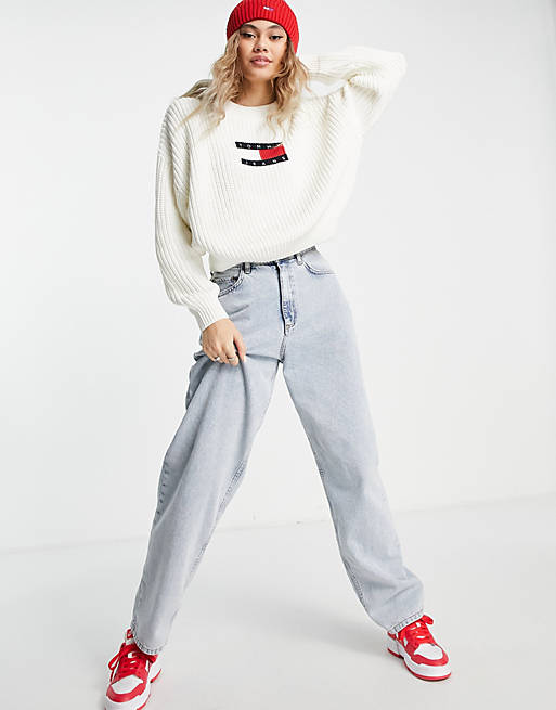 Tommy Jeans flag logo knitted jumper in white | ASOS