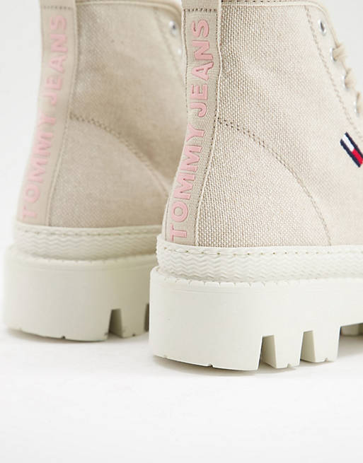 Tommy Jeans flag logo lace-up boots in beige | ASOS