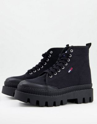 Tommy Jeans flag logo lace up boots in black