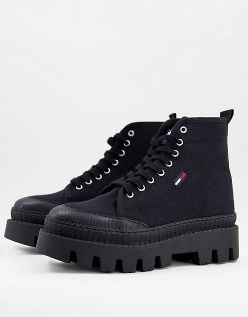 Tommy Jeans flag logo lace up boots in black | ASOS