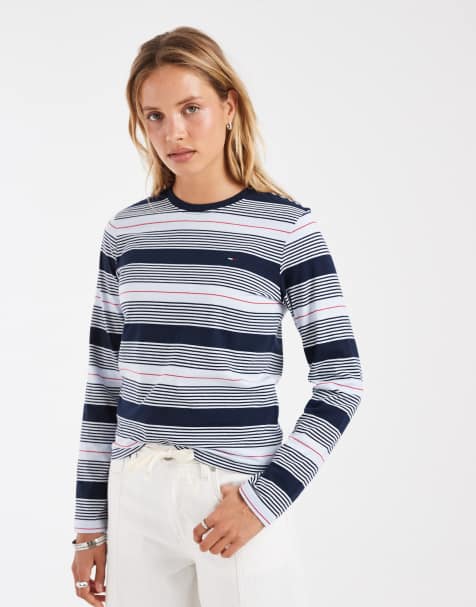 Tommy Jeans flag logo long sleeve t-shirt in blue stripe - view 1