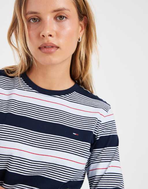 Tommy Jeans flag logo long sleeve T-shirt in blue striped print, 3 of 4
