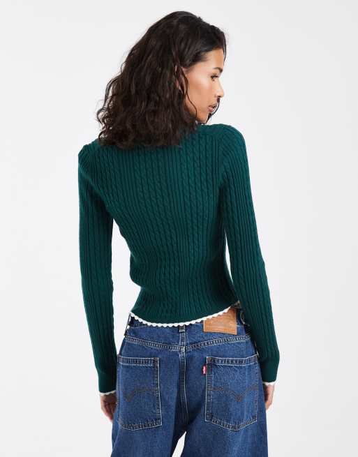 Tommy Jeans flag logo micro cable knit polo shirt in dark green, 4 of 4