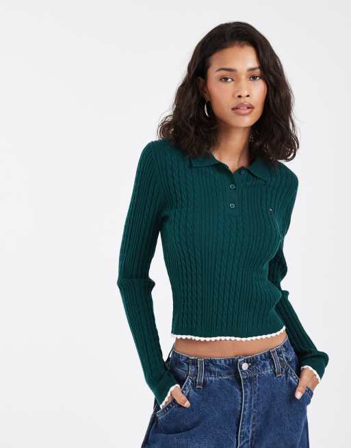 Tommy Jeans flag logo micro cable polo shirt in dark green, 3 of 4
