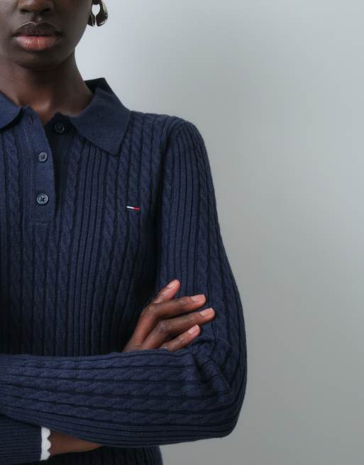 Tommy Jeans flag logo micro cable polo shirt in navy, 3 of 9