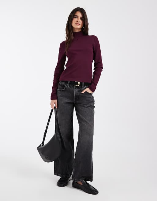 Tommy Jeans flag logo mock neck long sleeve t-shirt in burgundy, 2 of 4