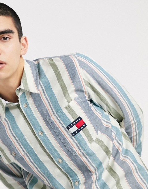 Tommy Jeans flag logo multi stripe cotton shirt in navy/multi