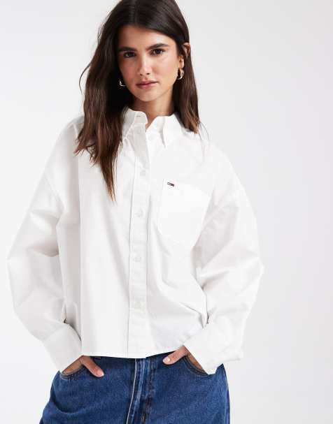 Tommy Jeans flag logo oversized cropped shirt in white - view 1