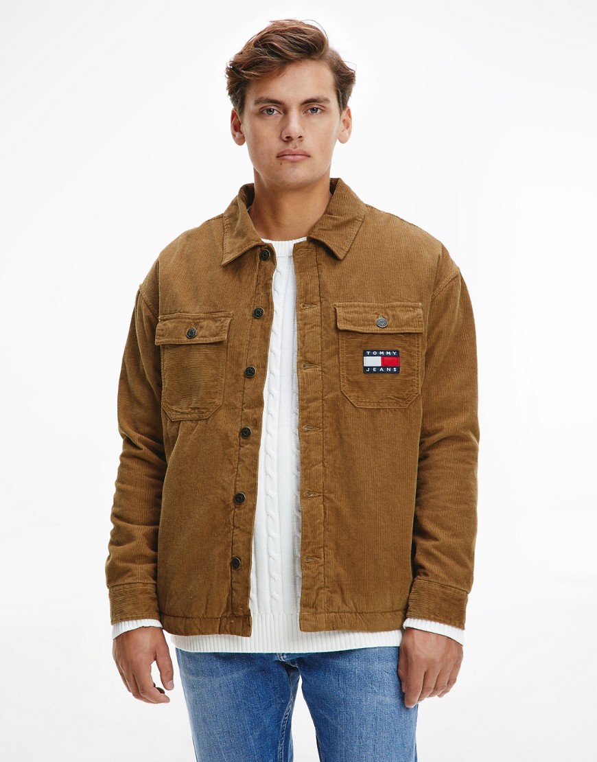 Tommy Jeans flag logo pocket lined cord overshirt relaxed fit in tan-Brown