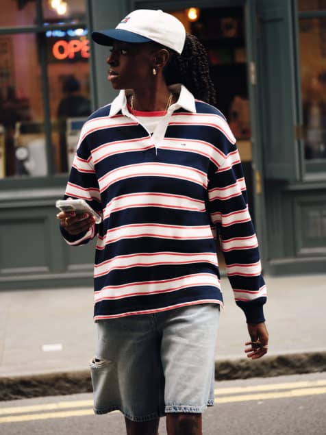 Tommy Jeans flag logo relaxed fit rugby top in navy stripe