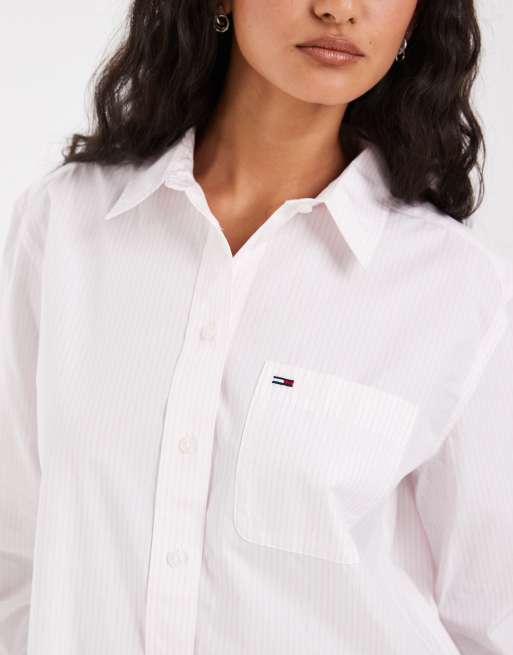Tommy Jeans flag logo relaxed fit shirt in pink stripe, 2 of 4