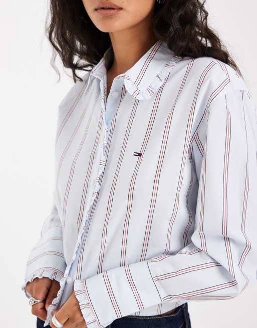 Tommy Jeans flag logo ruffled shirt in blue striped print, 3 of 4