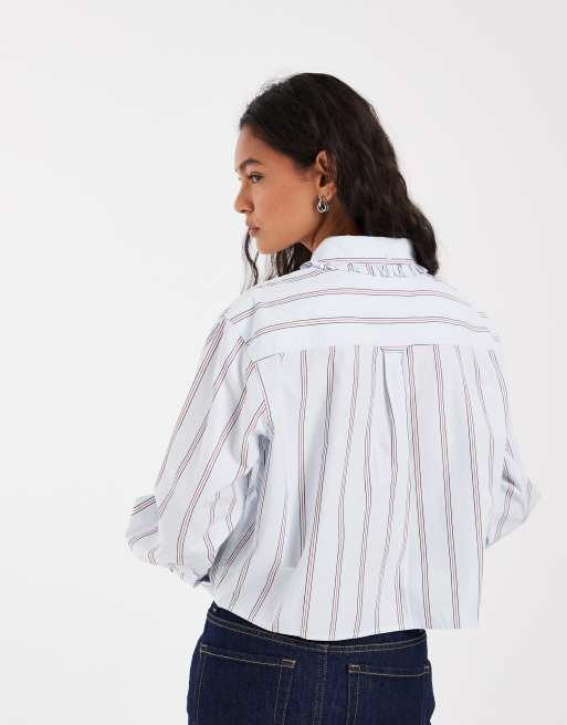 Tommy Jeans flag logo ruffled shirt in blue striped print, 4 of 4