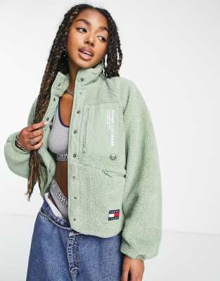 Tommy Jeans flag logo sherpa jacket in khaki - ASOS Price Checker