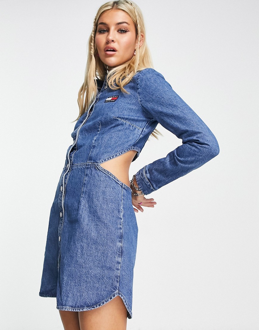 Tommy Jeans flag logo shirt dress in mid wash-Blue