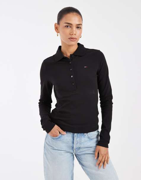 Tommy Jeans flag logo slim fit långärmad pikétröja i svart - view 1