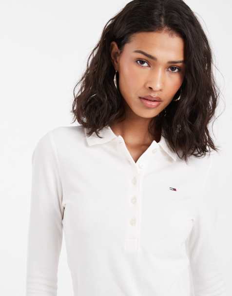 Tommy Jeans flag logo slim fit långärmad pikétröja i vitt - view 1