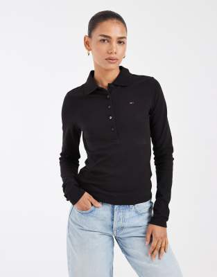 Tommy Jeans Flag Logo Slim Fit Long Sleeve Polo Shirt In Black