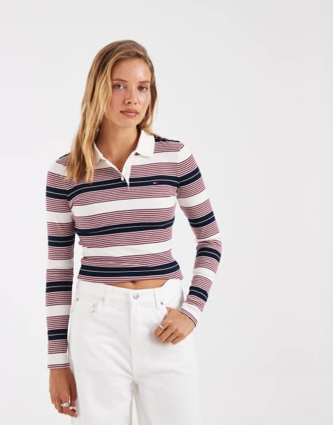 Tommy Jeans flag logo slim fit long sleeve polo shirt in white/rose stripe - view 1