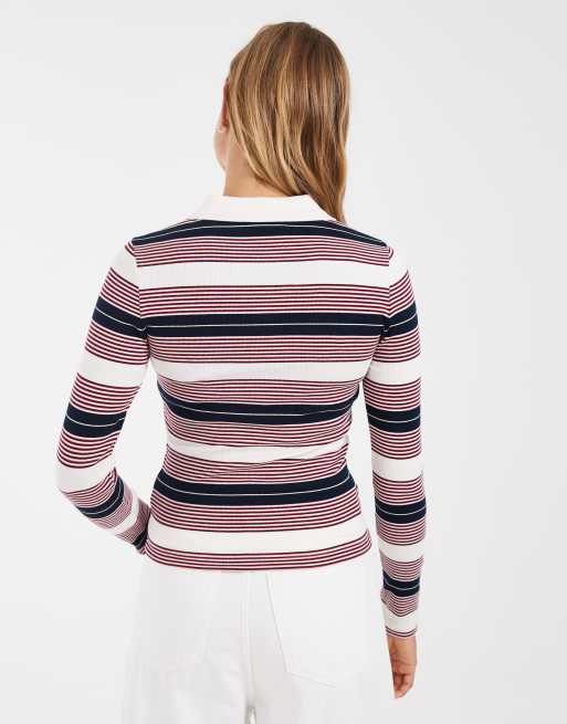 Tommy Jeans flag logo slim fit long sleeve polo shirt in white/rose stripe, 2 of 4