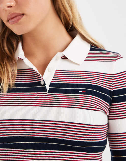 Tommy Jeans flag logo slim fit long sleeve polo shirt in white/rose stripe, 3 of 4