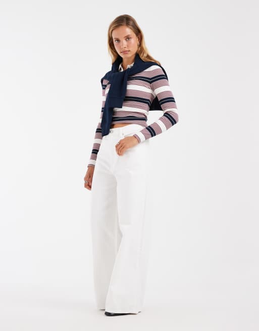 Tommy Jeans flag logo slim fit long sleeve polo shirt in white/rose stripe, 4 of 4