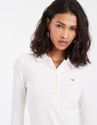 Tommy Jeans Flag Logo Slim Fit Long Sleeve Polo Shirt In White