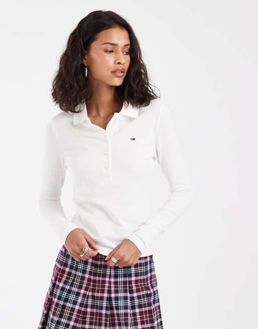 Tommy Jeans flag logo slim fit long sleeve polo shirt in white, 3 of 4