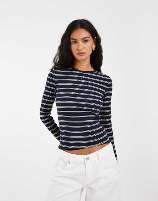 Tommy Jeans flag logo slim fit long sleeve t-shirt in navy stripe, 2 of 4
