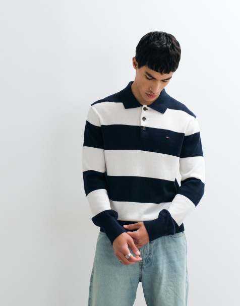 Tommy Jeans flag logo slim fit rugby shirt in navy/white stripe - view 1