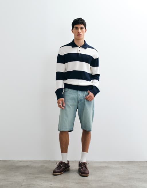 Tommy Jeans flag logo slim fit rugby shirt in navy/white stripe, 2 of 5