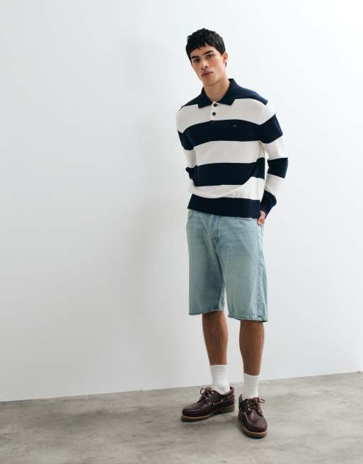 Tommy Jeans flag logo slim fit rugby shirt in navy/white stripe, 5 of 5
