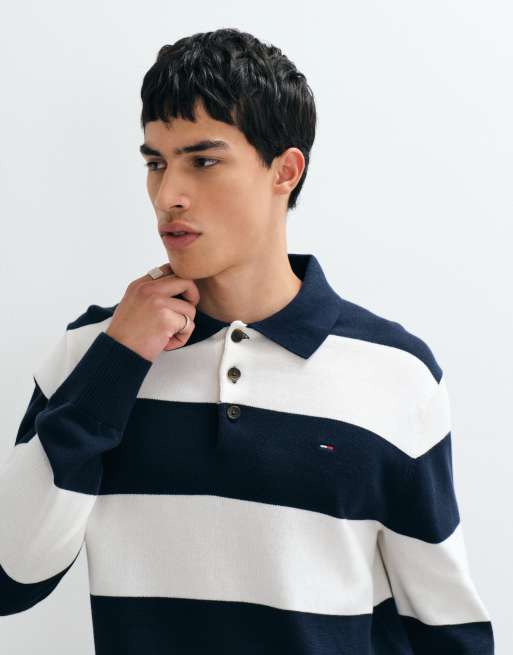 Tommy Jeans flag logo slim fit rugby shirt in navy/white stripes, 3 of 5