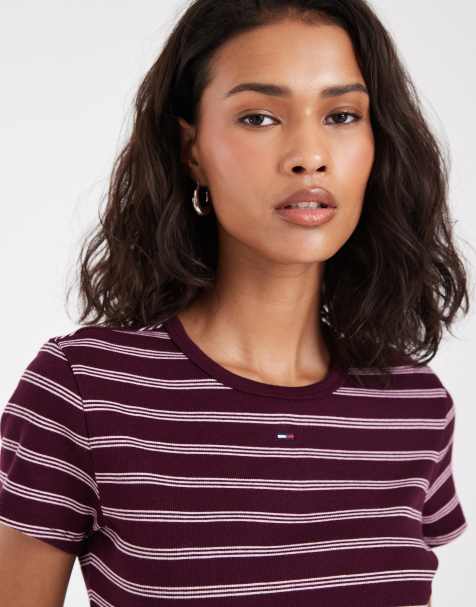 Tommy Jeans flag logo slim fit t-shirt in burgundy/pink stripe - view 1