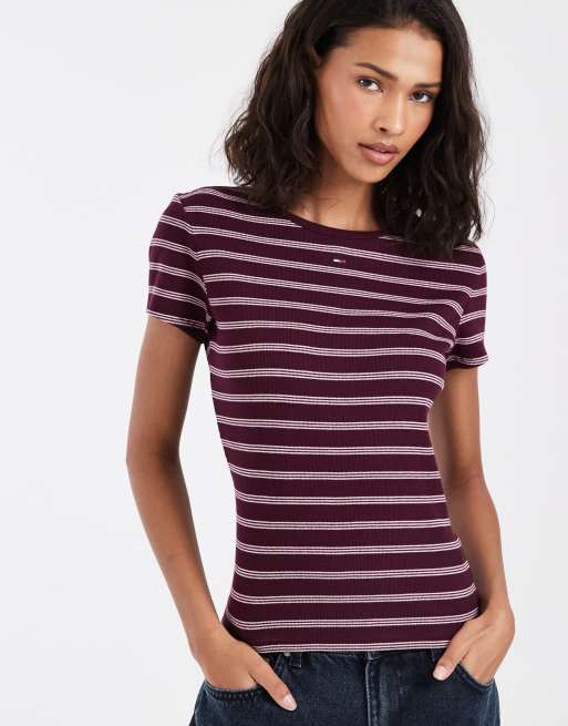 Tommy Jeans flag logo slim fit t-shirt in burgundy/pink stripe, 2 of 4