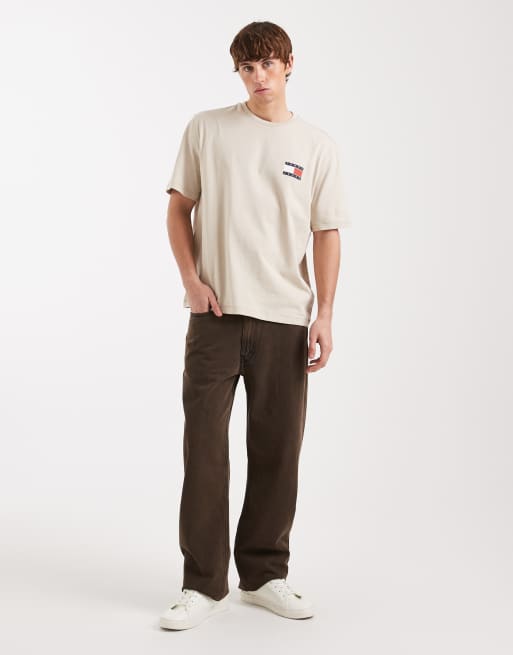 Tommy Jeans flag logo T-shirt with mountain peak back print in sand , 2 of 5
