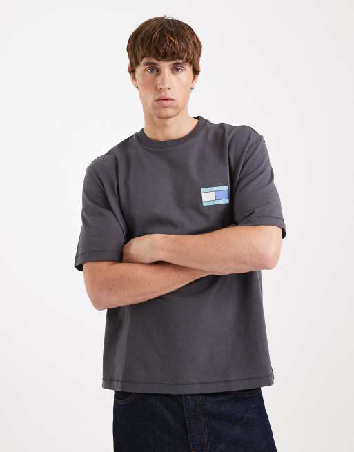 Tommy Jeans flag logo t-shirt with mountain peak back print in washed black, 3 of 5
