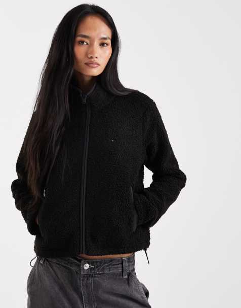 Tommy Jeans flag logo teddy zip up coat in black - view 1