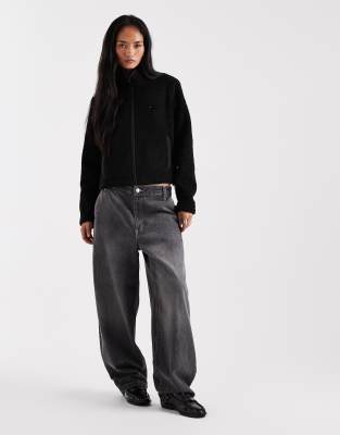 Tommy Jeans Flag Logo Teddy Zip Up Coat In Black