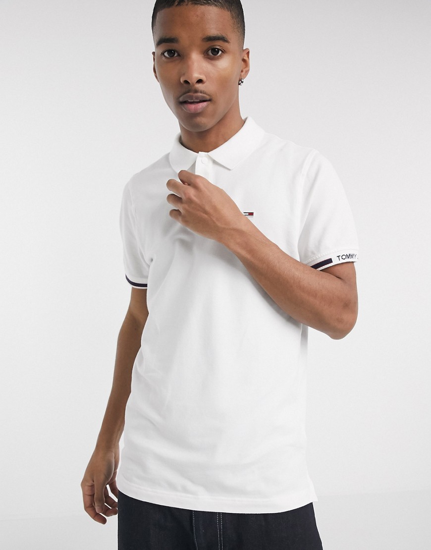 Tommy Jeans flag logo tipped cuff slim fit pique polo in white