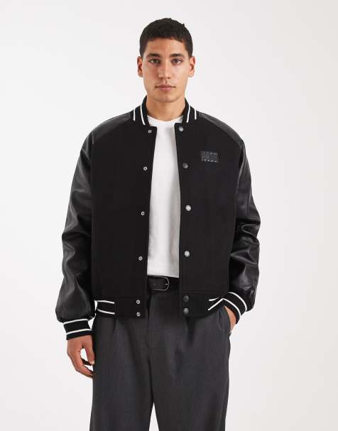 Tommy Jeans flag logo varsity jacket with leather sleeve in black  - view 1