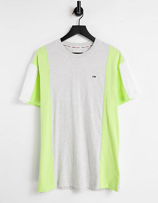 Tommy Jeans flag logo vertical colourblock t-shirt in silver grey/lime