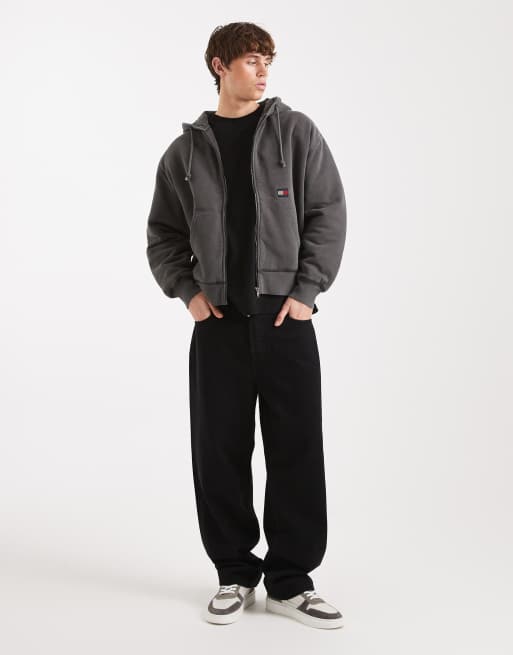Tommy Jeans flag logo zip up hoodie in washed black , 2 of 5