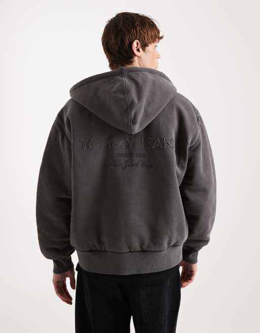 Tommy Jeans flag logo zip up hoodie in washed black , 4 of 5